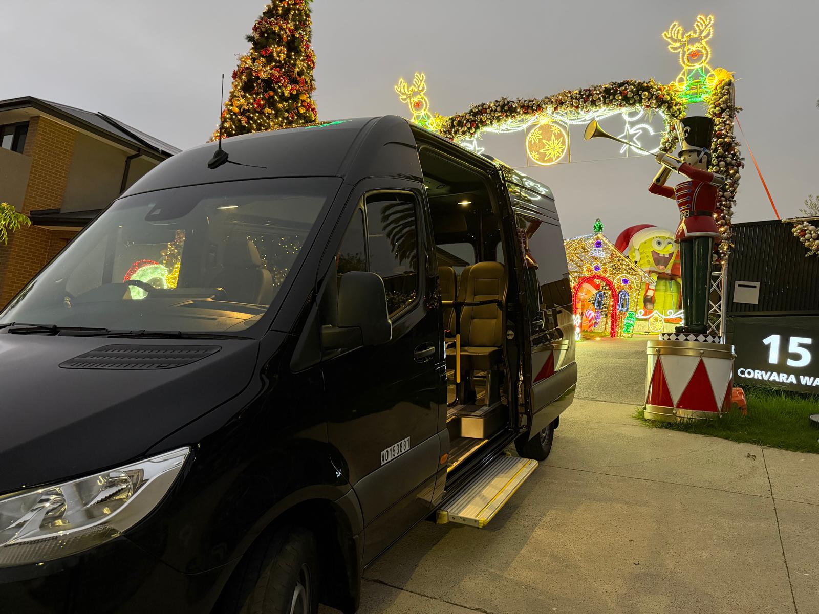 Mercedes-Benz Sprinter at night, door open for a late arrival